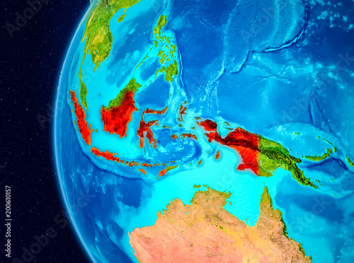 Space view of Indonesia in red