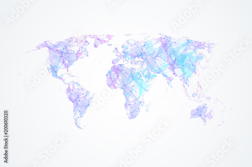 Colorful world map vector. Global network connections with points and lines. Internet connection background. Abstract connection structure.