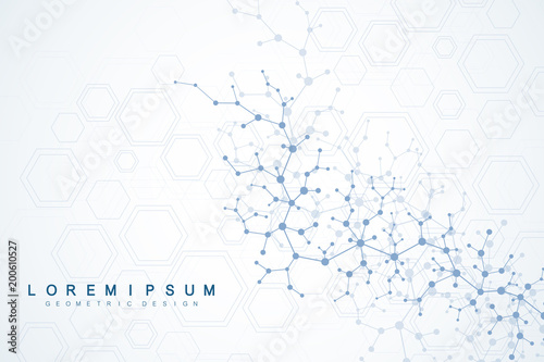 Scientific molecule background for medicine, science, technology, chemistry. Wallpaper or banner with a DNA molecules. Vector geometric dynamic illustration.