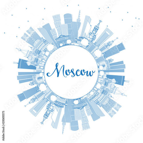 Outline Moscow Russia Skyline with Blue Buildings and Copy Space.