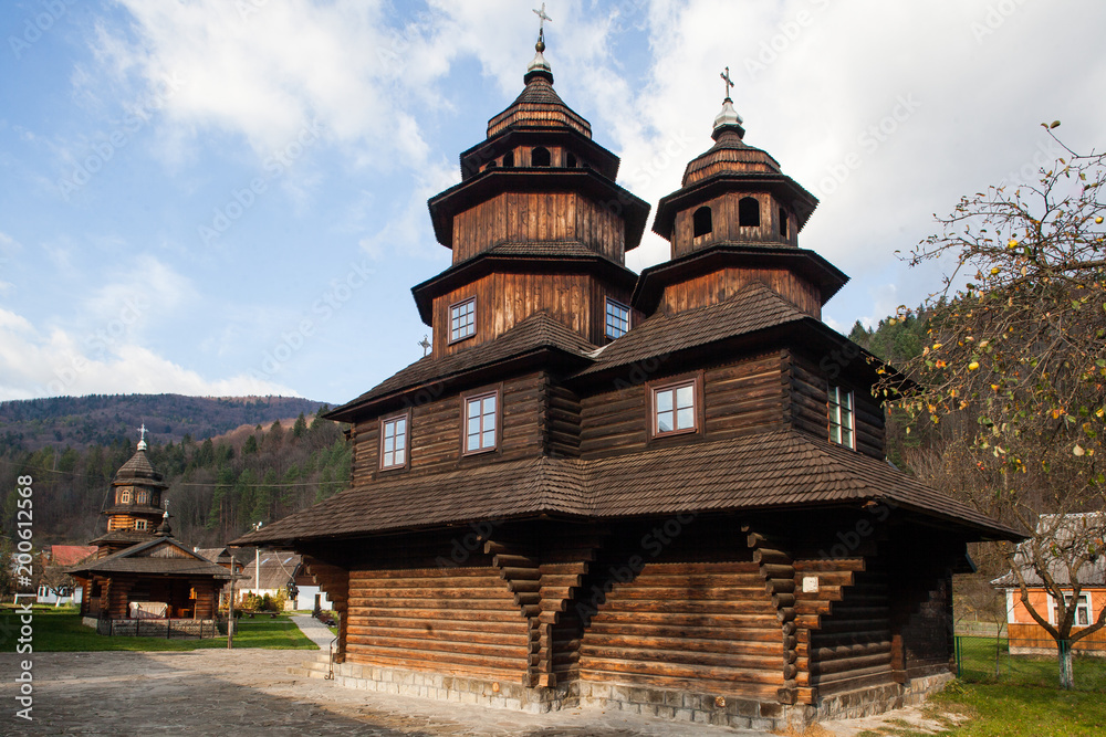 Ancient wooden church of Holy Prophet Elijah ( Ilinskaya) , village Dora, near Yaremche - cultural monument, Ukraine. Carpathians.