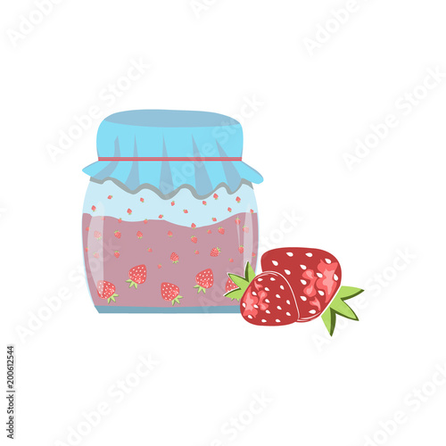 Colorful Strawberry Jam Jar and Badges Vector Illustration