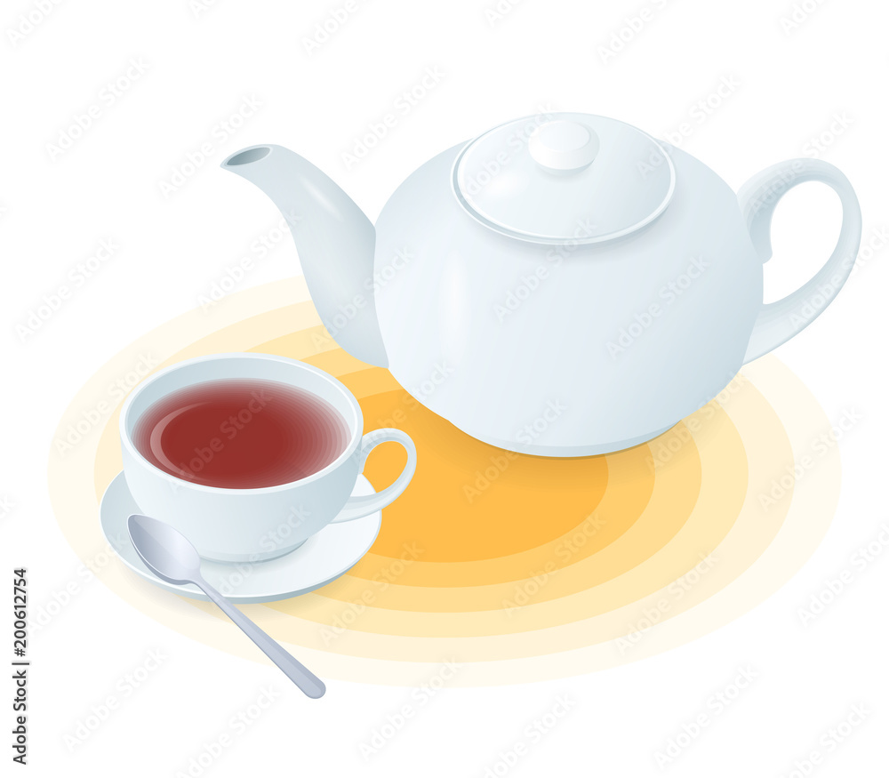 Flat isometric illustration of ceramic cup of tea and teapot. The hot black or herbal tea in the porcelain teacup, tea pot, spoon. Vector food, breakfast, drink elements isolated on white background.