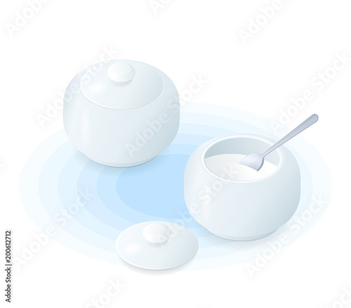 Flat isometric illustration of ceramic sugar-bowls with lid and tea spoon. The porcelain sugar-basins with sweet sugar and cap, the silver spoon. Vector breakfast, drink elements isolated on white.
