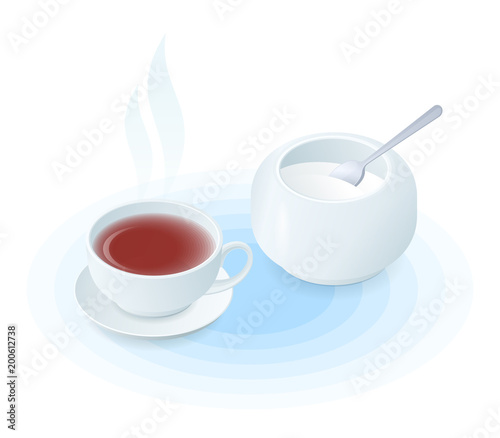 Flat isometric illustration of cup of tea and sugar basin. The hot black or herbal tea in the ceramic teacup, porcelain sugar bowl, tea spoon. Vector food, breakfast, drink elements isolated on white.