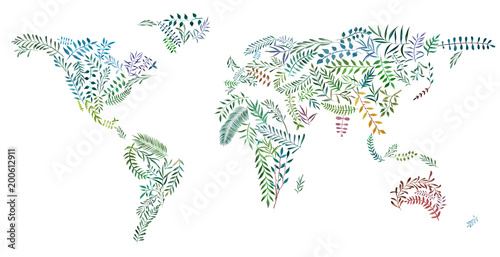 Fototapeta 2d ręcznie rysowane ilustracja mapa świata. Ziemia kontynentów z liści i gałęzi akwarela. Kolorowi kontynenty odizolowywający na białym tle. Ekologia i obraz koncepcji środowiska.