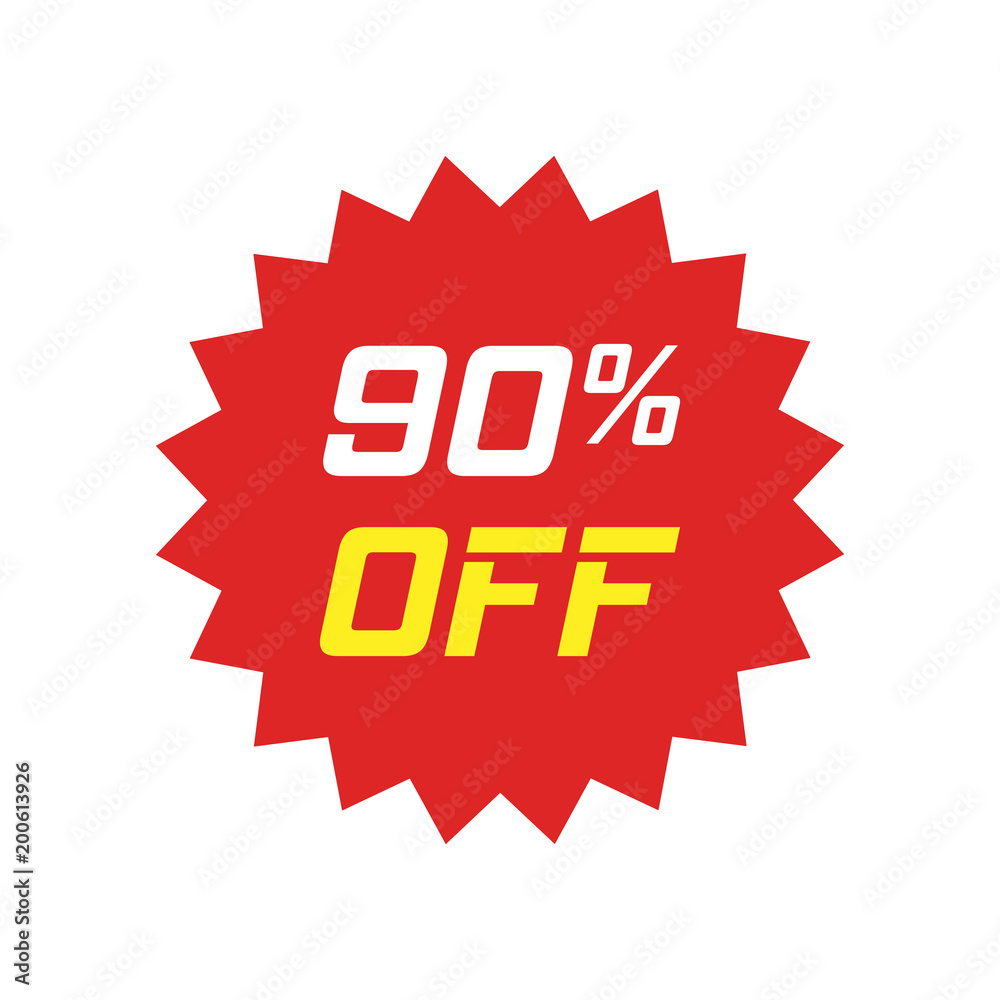Discount sticker vector icon in flat style. Sale tag sign illustration on white isolated background. Promotion 90 percent discount concept. Discount sticker vector icon in flat style. Sale tag sign illustration on white isolated background. Promotion 90 percent discount concept.