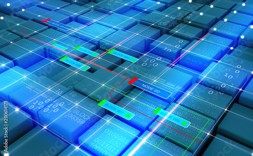 Fototapeta Naklejka Na Ścianę i Meble -  Abstract concept Blockchain network. Fintech technology. Global protection and data transmission. 3D illustration on a technological background with binary code elements