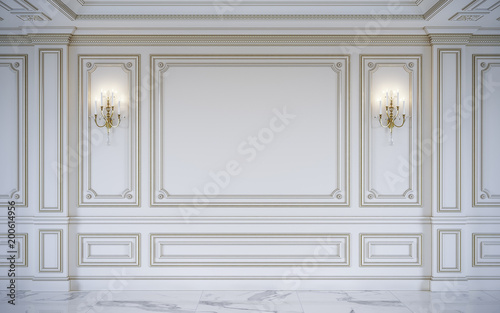 White wall panels in classical style with gilding. 3d rendering
