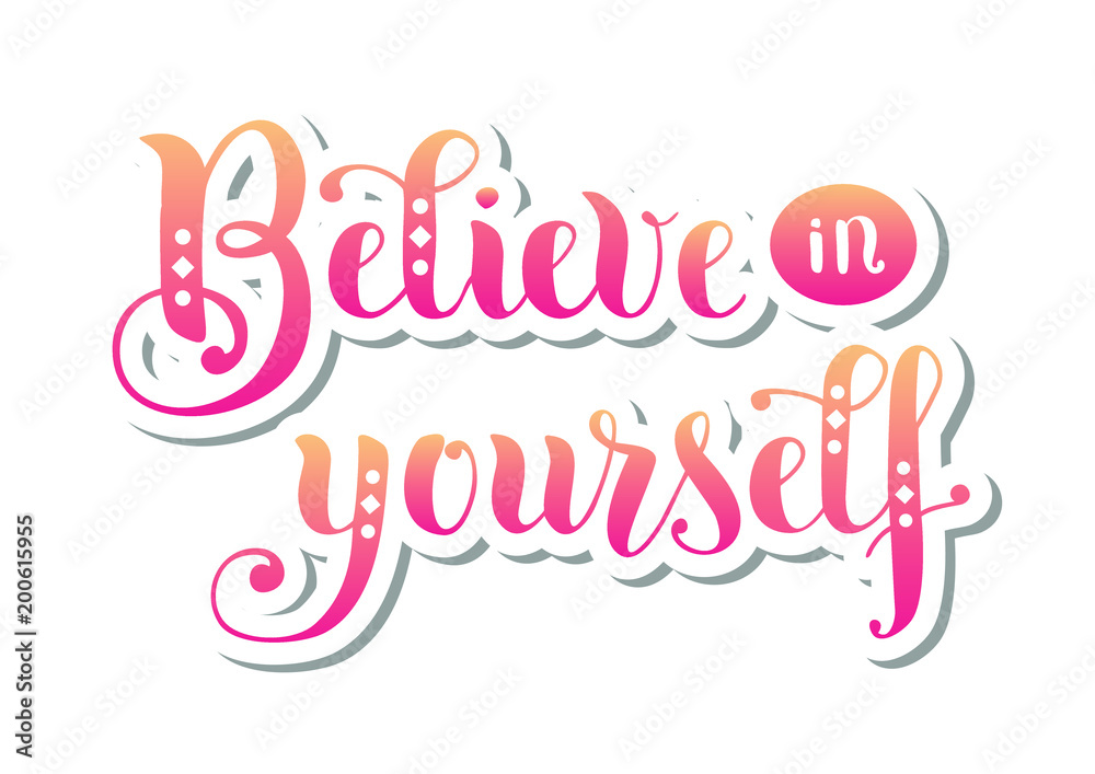  Handwritten calligraphy lettering of motivational phrase Believe in yourself in orange and red gradient in paper cut style on white background for decoration, poster, postcard, sticker