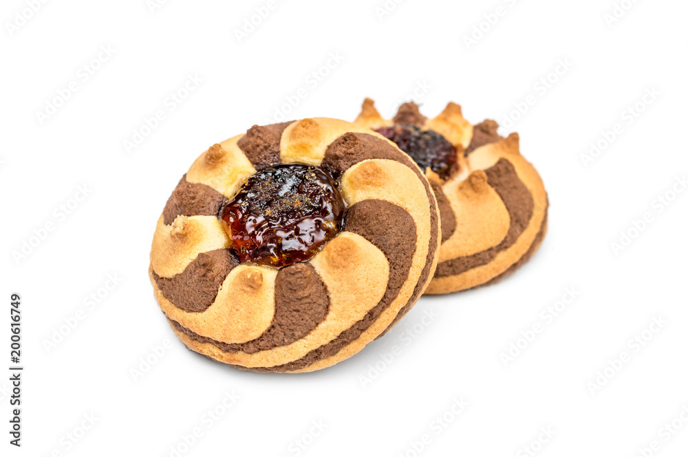Two cookies with jam on white background. Two cookies with jam on white background.