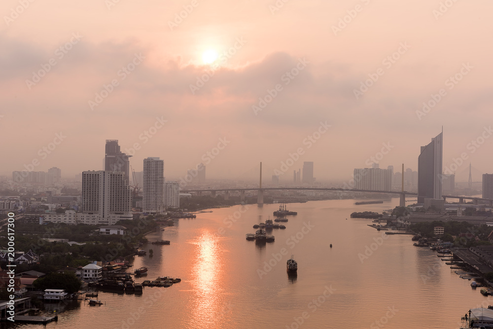 Bangkok urban city view at golden sunrise, Thailand