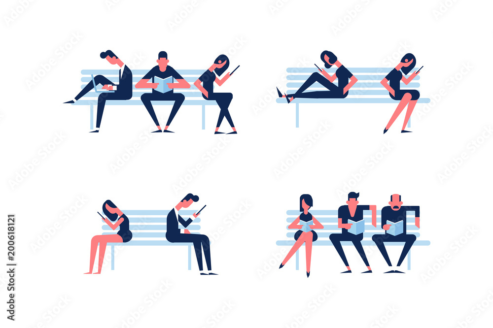 Young people sitting in the park on the bench and reading books. Flat vector illustration.