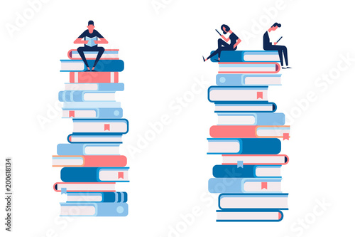 Man and woman reading books sitting on large stack of books.  Cartoon flat vector illustration isolated on white background.