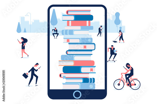 Electronic library in mobile phone. Poster with huge phone and stack of books Love reading concept.Vector flat illustration.