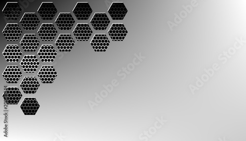 Vector illustration of abstract stainless steel metal panel with grunge overlay metallic texture and hexagonal grid pattern over blue light background for your design