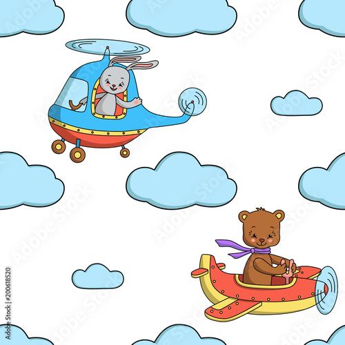 Plakat Bezszwowy wzór z królikiem w helikopterze