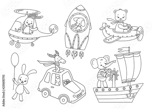 Set of cute animals and transport.