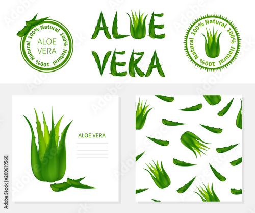 Template with Aloe Vera,labels ,seamless pattern.