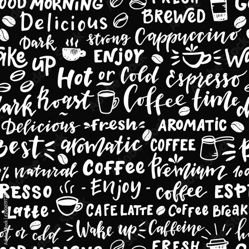Seamless pattern of words about coffee.