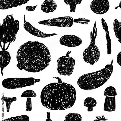 Seamless pattern of vegetables and mushrooms.