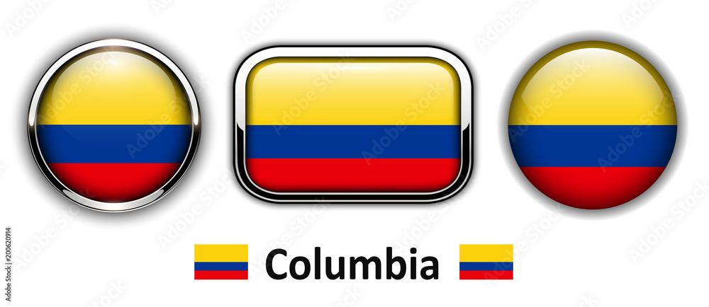 Columbia flag buttons, 3d shiny vector icons. Columbia flag buttons, 3d shiny vector icons.