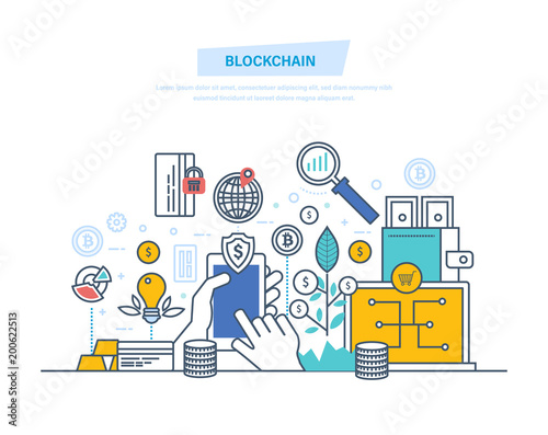 Blockchain, crypto currency, system of money turnover, safe transactions, bitcoins.