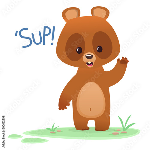 Cool cartoon vector illustration of a bear waving hand and saying  Sup 