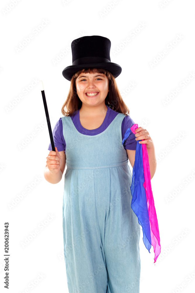 Pretty little girl doing magic with a top hat and a magic wand Pretty little girl doing magic with a top hat and a magic wand