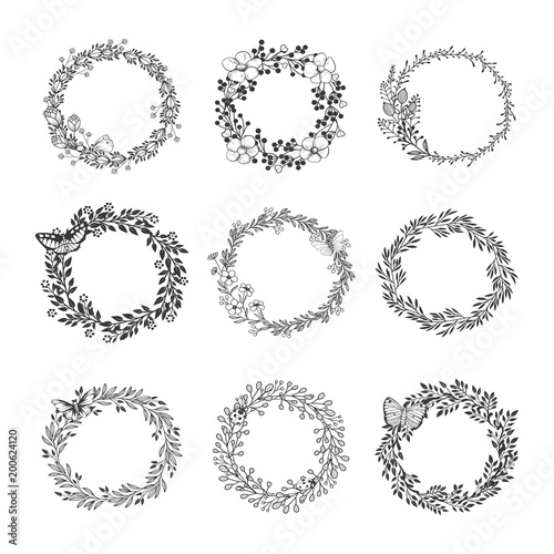 Set of wreath isolated on white background. Vector template with flourishes ornament elements.