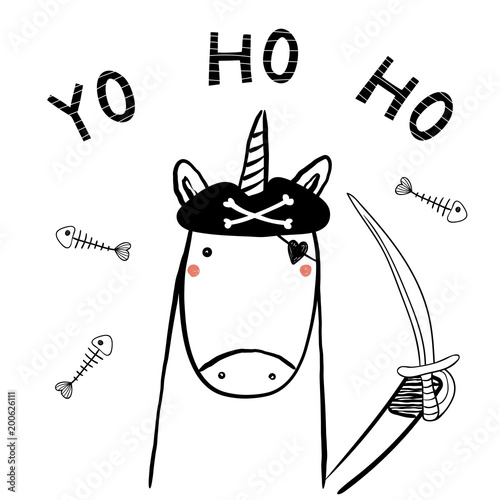 Hand drawn portrait of a cute funny pirate unicorn in tricorne hat, with a cutlass. Isolated objects on white background. Line drawing. Vector illustration. Design concept for children print.