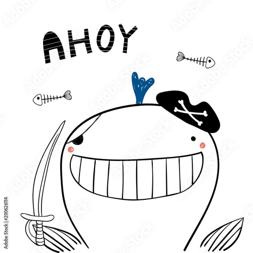 Hand drawn portrait of a cute funny pirate whale in tricorne hat, with a cutlass. Isolated objects on white background. Line drawing. Vector illustration. Design concept for children print.