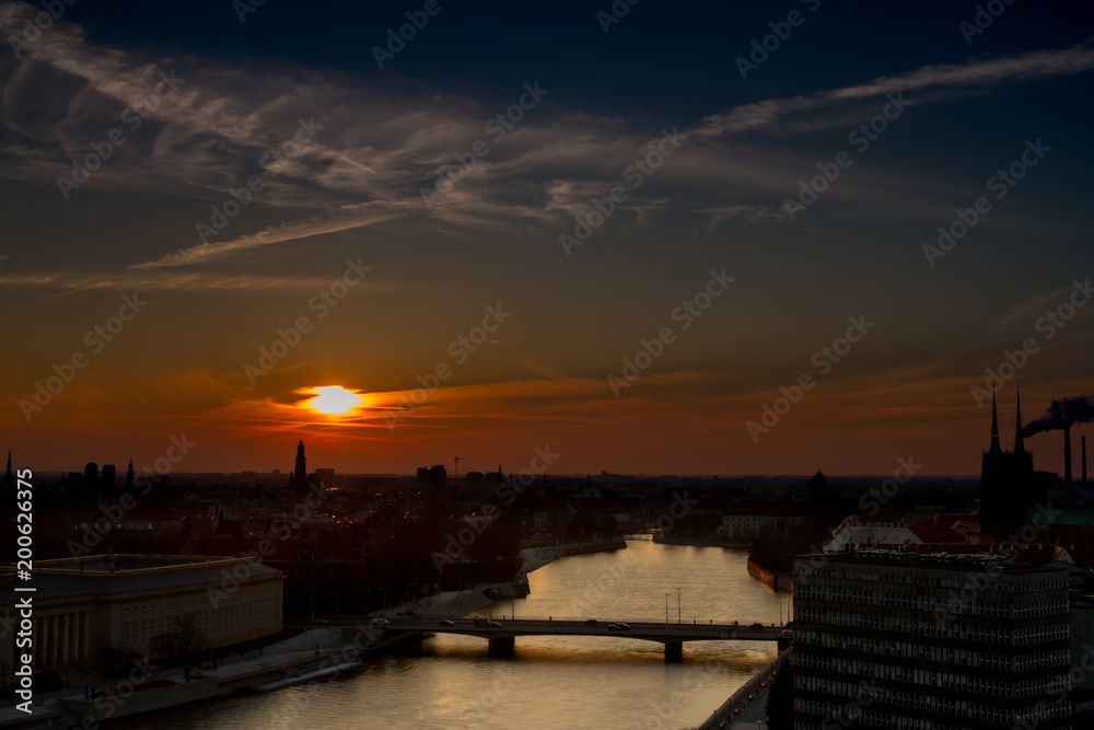 Sunset at the city of Wroclaw - panorama city view of Wroclaw