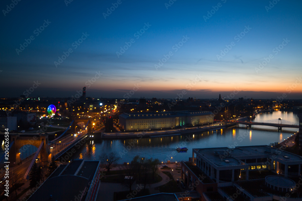 Sunset at the city of Wroclaw - panorama city view of Wroclaw