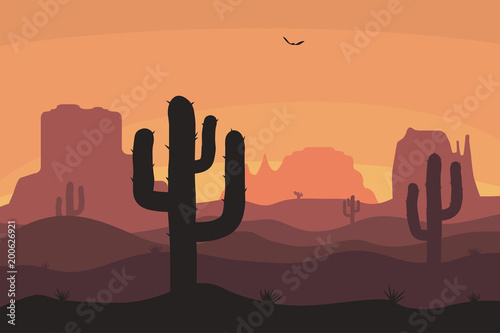 Cactuse and mountains silhouettes, desert landscape. Nature background in sunset with sand hills. Vector illustration.