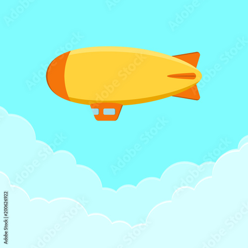 Dirigible, airship or zeppelin. Flying blimp in sky with clouds. Vector illustration.