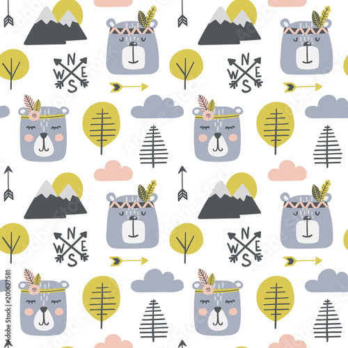 Seamless childish pattern with cute bears - indians in a wood. Scandinavian style kids texture for fabric, wrapping, textile, wallpaper, apparel. Vector illustration