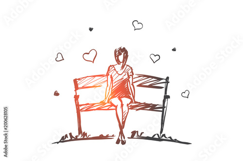 Hand drawn girl in love sitting on bench