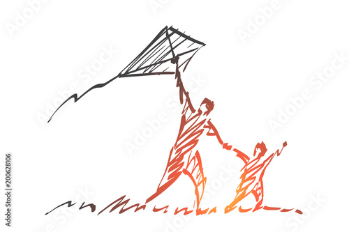 Hand drawn dad and son flying kite