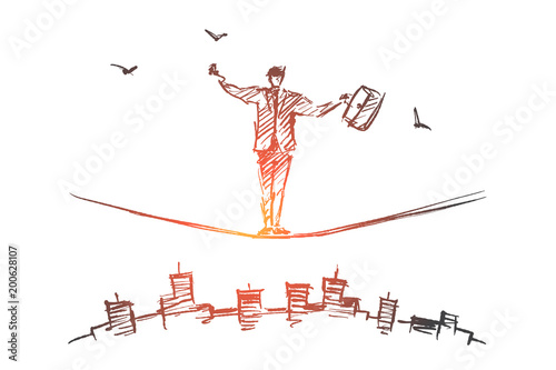 Hand drawn businessman balancing on rope over city