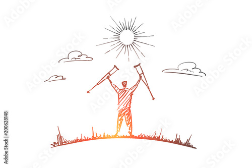 Hand drawn happy healed man with crutches in hands
