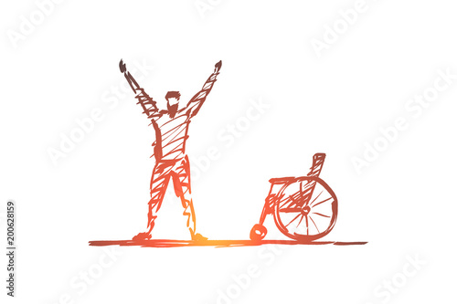 Hand drawn happy healed man near wheelchair