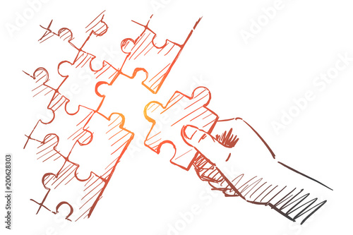 Hand drawn human arm completing puzzle