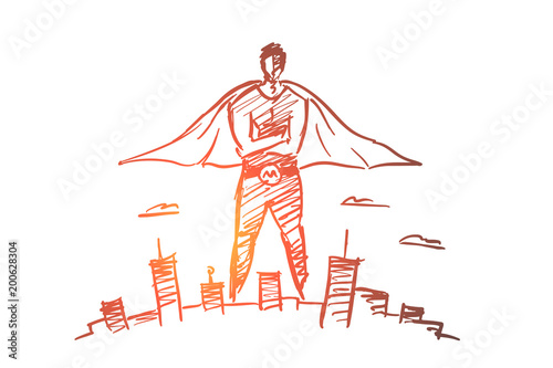 Hand drawn hero man over big city