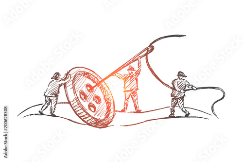 Hand drawn people sewing button together in team