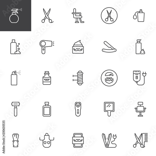 Barber shop outline icons set. linear style symbols collection, line signs pack. vector graphics. Set includes icons as Spray, Scissors, Chair, Perfume, Shampoo, Hair Dryer, Razor, Wax Straighten