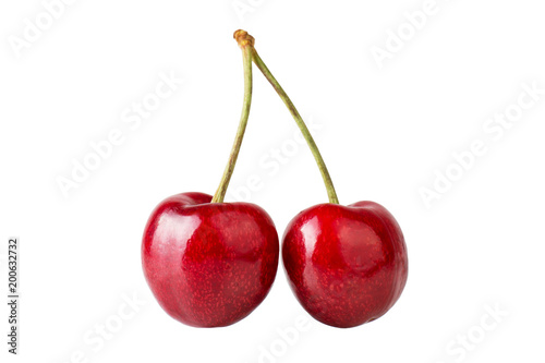 Pair of ripe sweet cherries isolated on white background