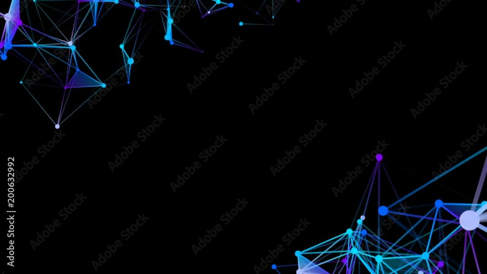 Blue plexus elements in the corners of the screen. Place for text. Black background . Cinematographic business background. Seamless loop.