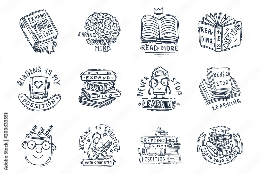 Love reading motivation quote phrases badge logo bubble on book vector