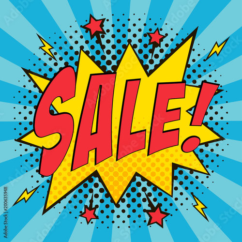 Sale comic speech bubble. Cartoon sketch in pop art style on dots halftone background. Sale banner, advertising poster of price reduction. Vector illustration.